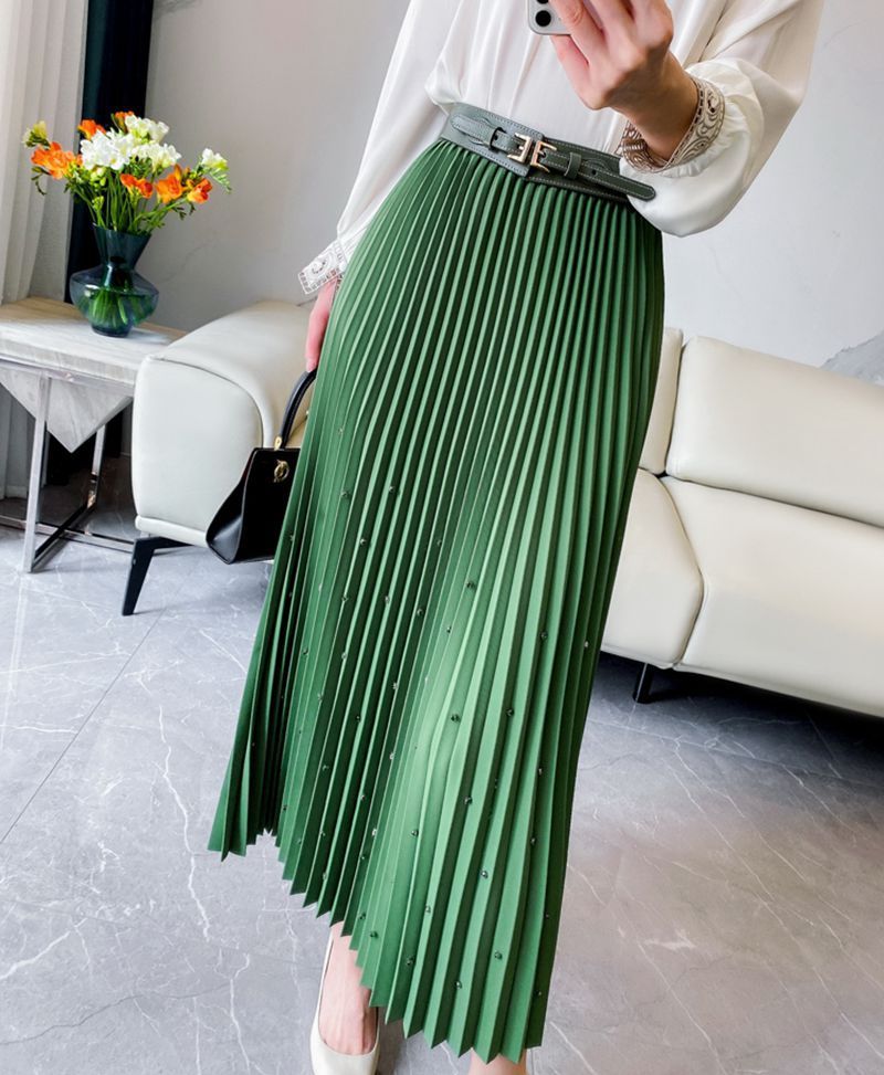 Chic Mid‑Length A‑Line Skirt with Pleats and Beaded Accent