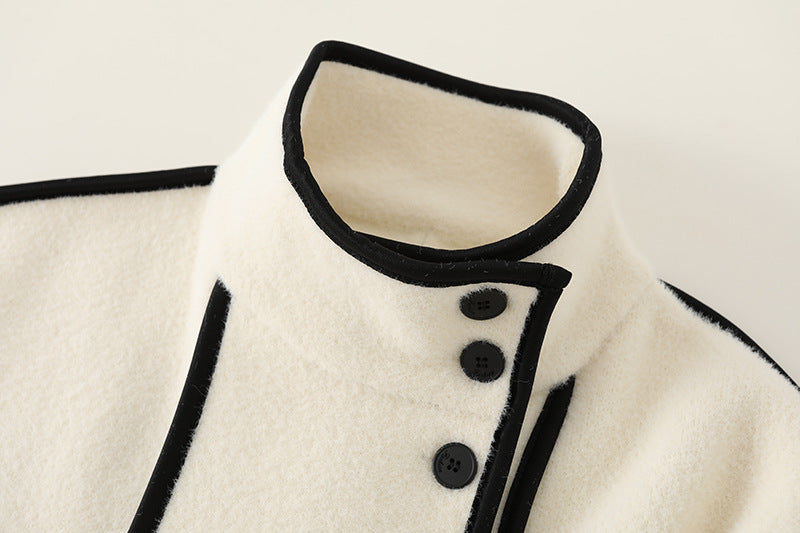 Double-Breasted Coat with Contrasting Trim and Stand-Up Collar