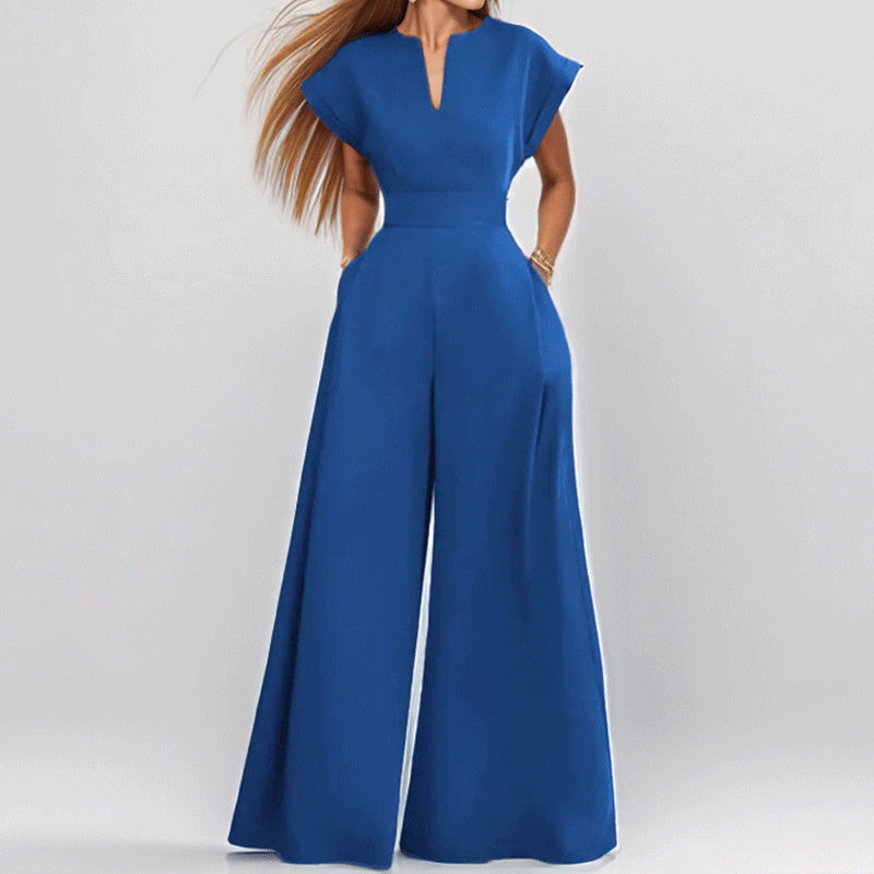 Chic Short-Sleeve Waist Tied Jumpsuit - Blue