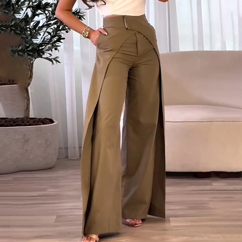 Wide-Leg Pants with Crossover Design Pockets - Brown