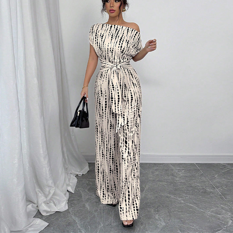 One-Piece Wide Leg Jumpsuit with Asymmetric Shoulder