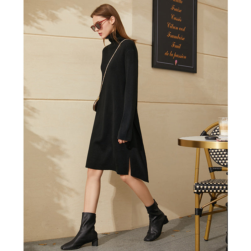 Mod High-Neck Loose Fit Sweater Dress - Black