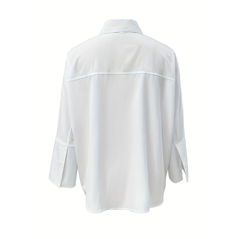 Elegant Button-Down V-Neck Blouse with Puff Sleeve - White