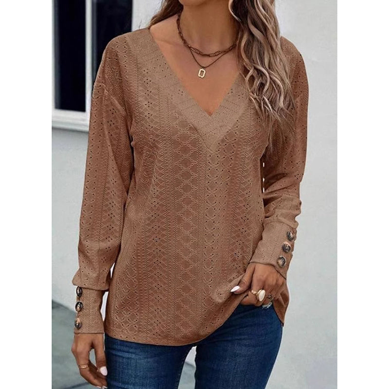 Boho Chic V-Neck Long Sleeve Lightweight Shirt - Camel
