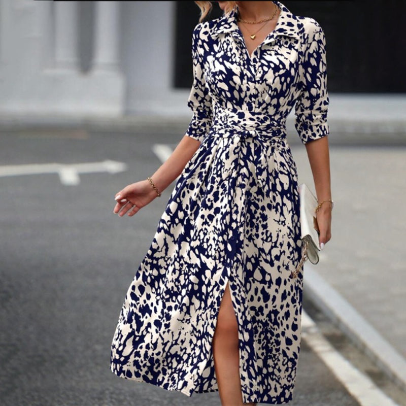 Belted Slit Dress with Leopard Print