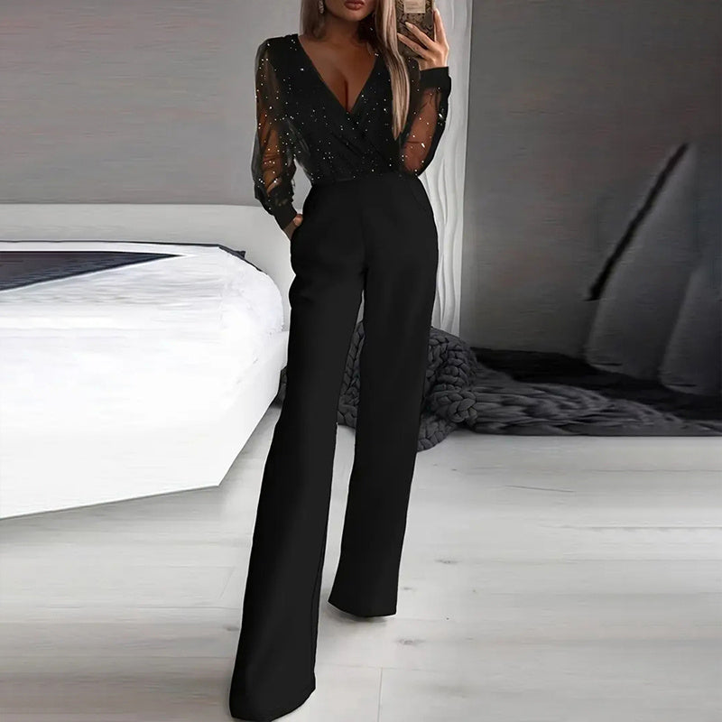 Plunging V-Neck Sequin Top Straight-Leg Jumpsuit with Pockets