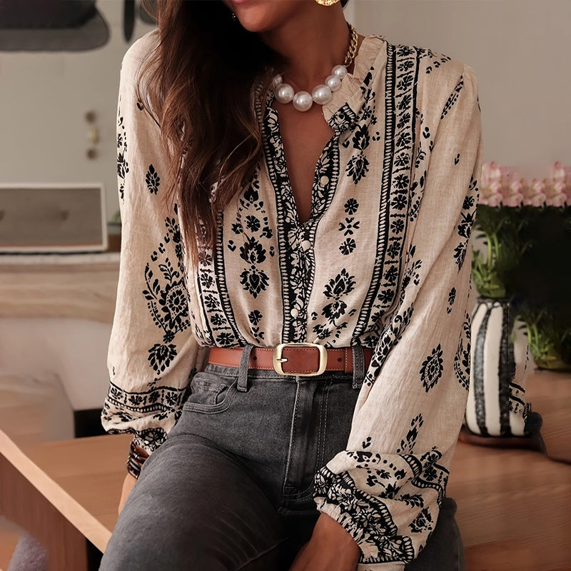 Vintage Boho Printed Blouse with Lantern Sleeves - Apricot