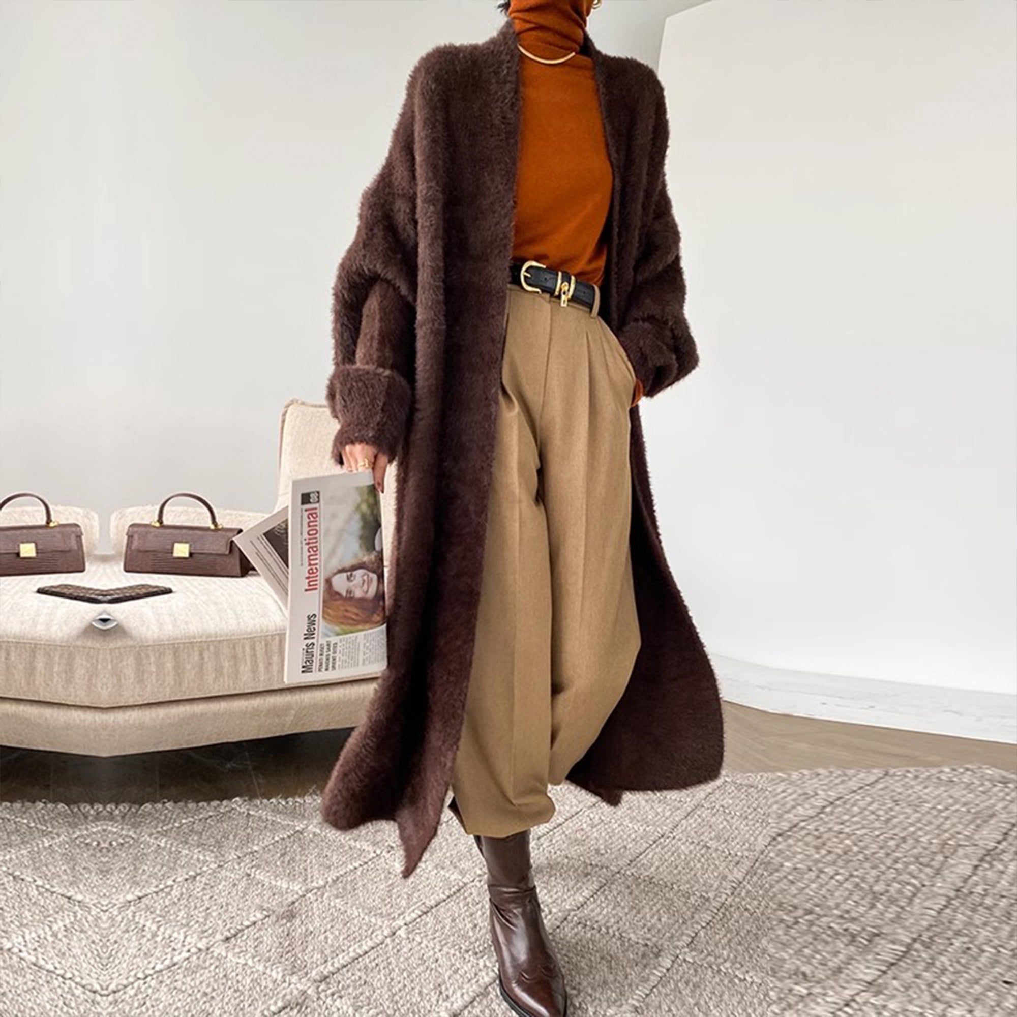 Plush Faux Mink Cardigan Duster - Coffee