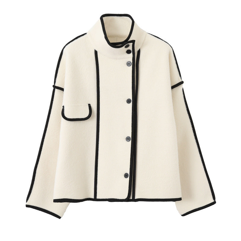 Double-Breasted Coat with Contrasting Trim and Stand-Up Collar