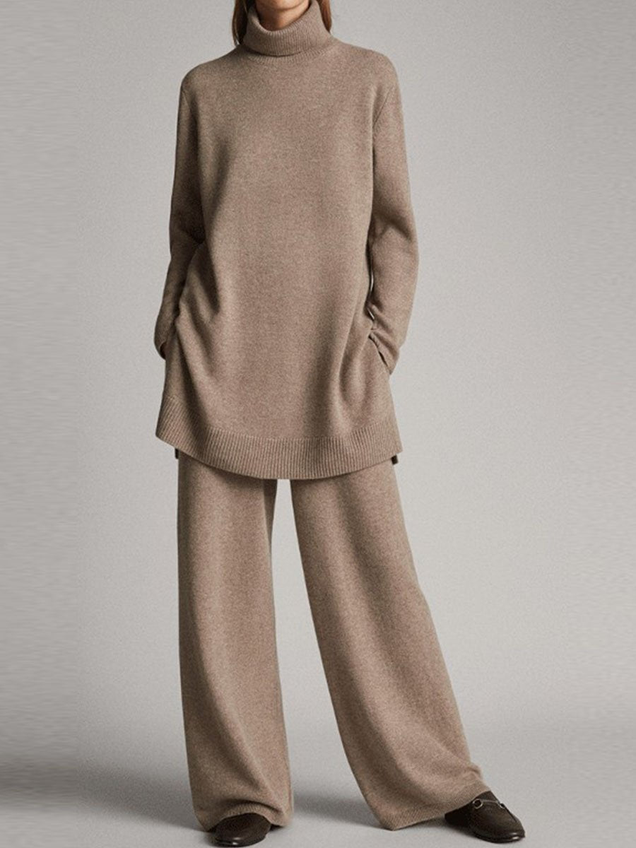 Knitted Turtleneck Sweater and Trousers Set - Camel