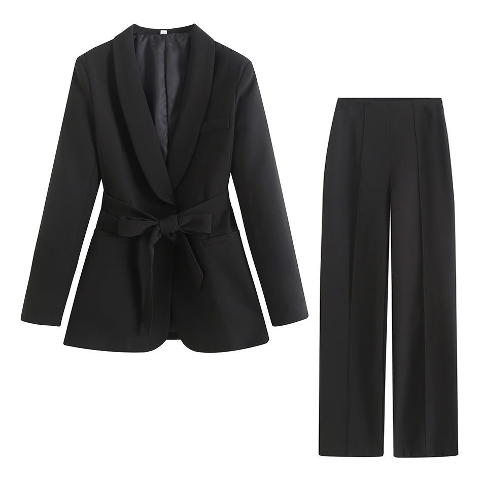 Long-Sleeve Elegant Belted Blazer Pants Set
