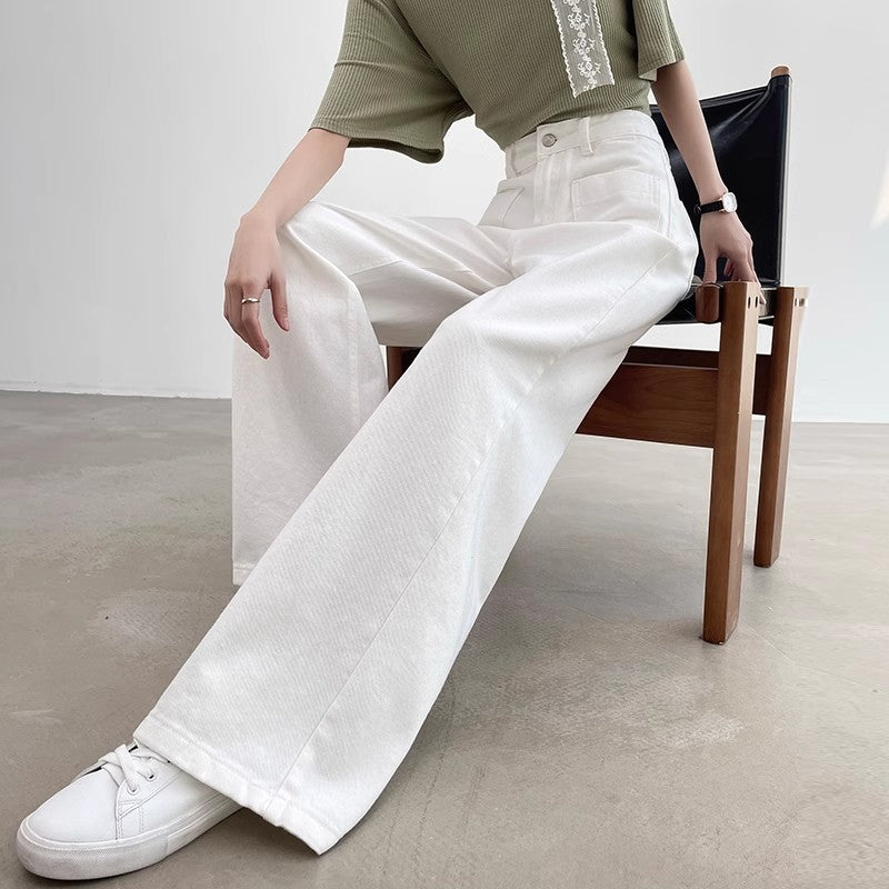 Sleek High-Waist Straight-Leg Denim Trouser Pants - White