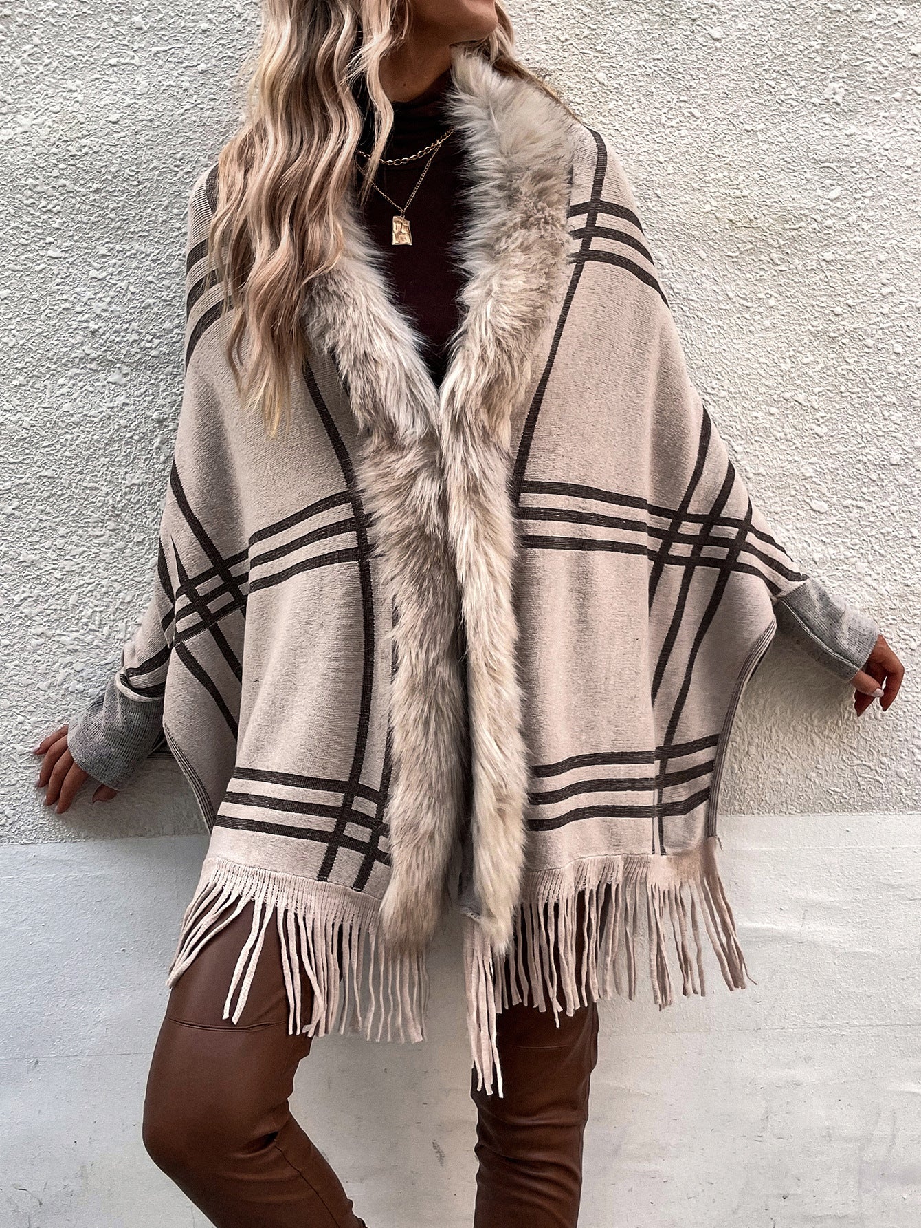 Mosaic Plaid Fur Collared Shawl