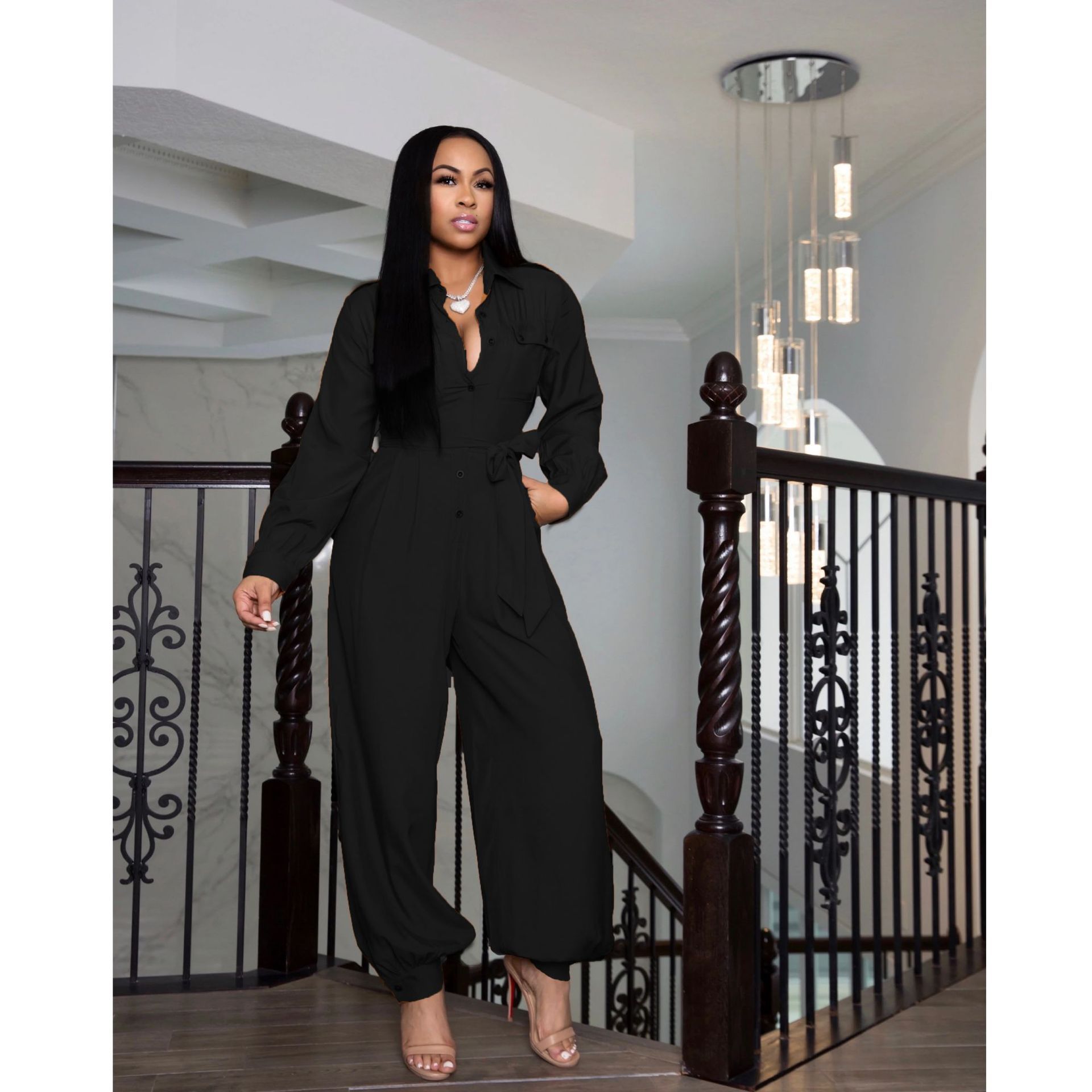 Single Breasted Long-Sleeve Belted Jumpsuit - Black