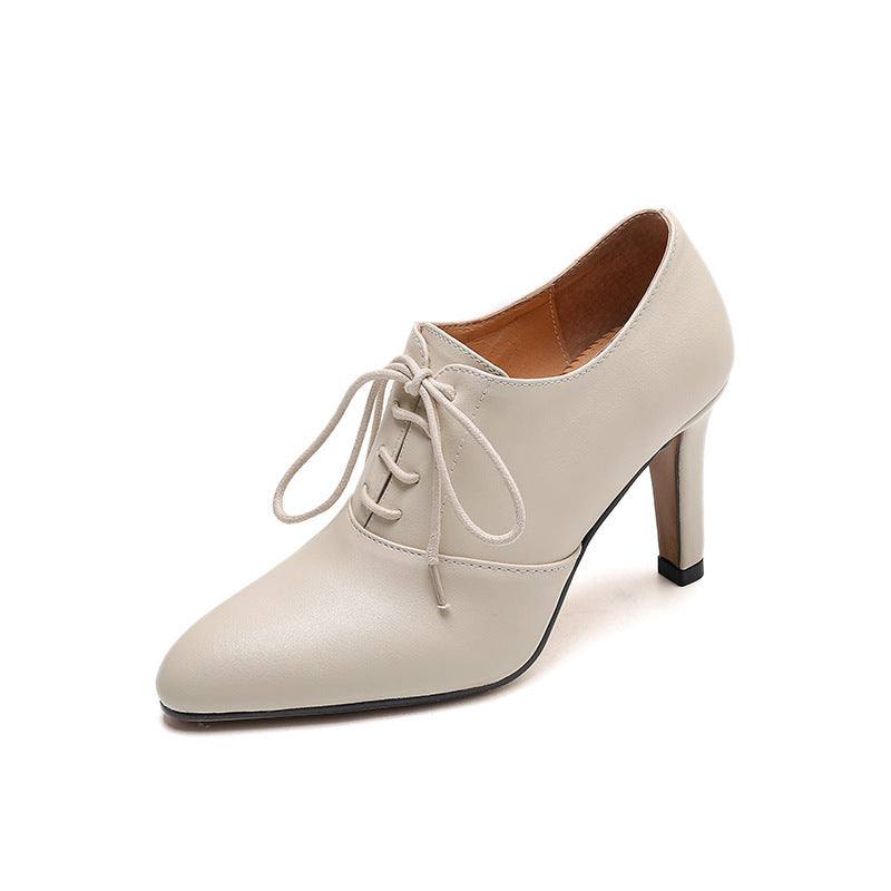 Lace-Up Mid-Heel Leather Pumps - Beige
