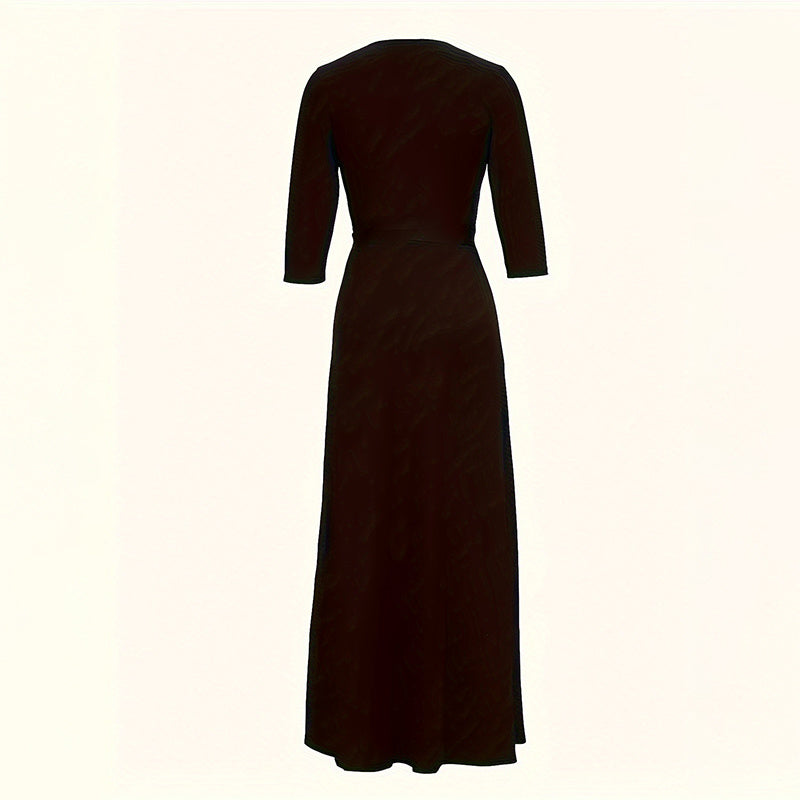 Mid-Sleeve Belted Maxi Dress - Black