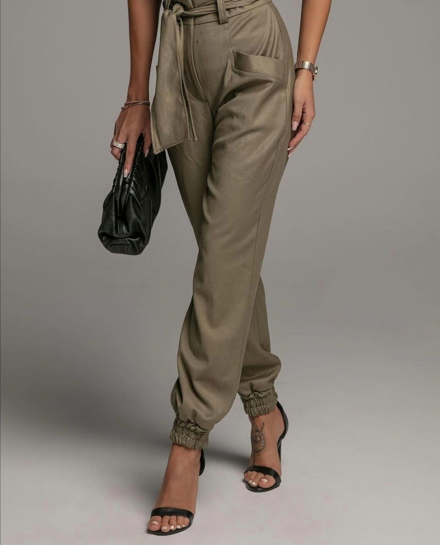 Tapered Leg Mid-Rise Belted Pants - Khaki