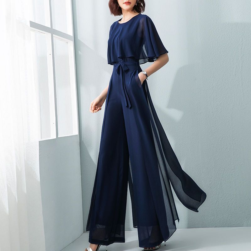 Ruffle Sleeve Chiffon Belted Jumpsuit