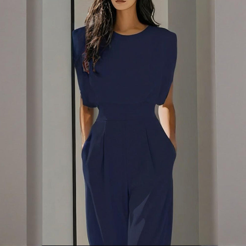 Round-Neck Short-Sleeve Jumpsuit - Blue