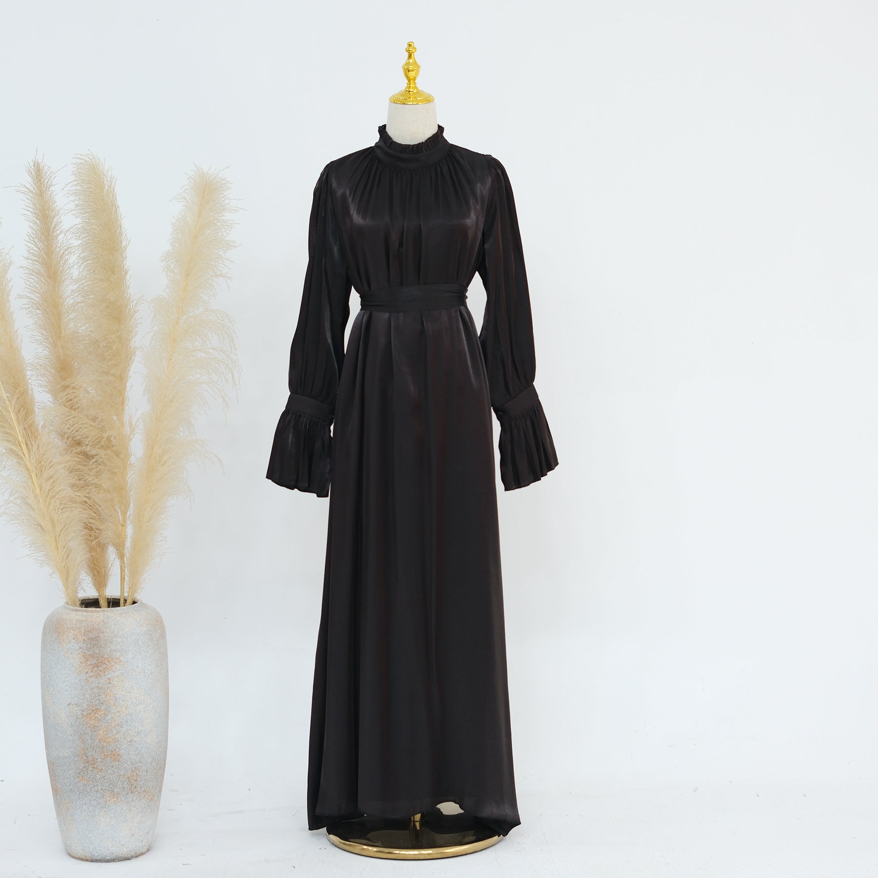 Glossy High-Neck Charmeuse Long-Sleeve Maxi Dress