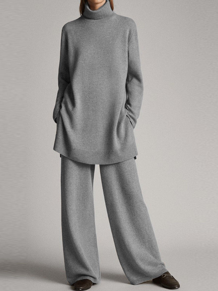 Knitted Turtleneck Sweater and Trousers Set - Gray