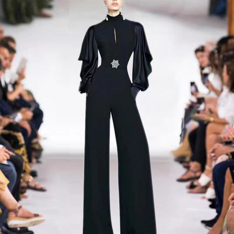 Black Long-Sleeve Cinch Waist Jumpsuit