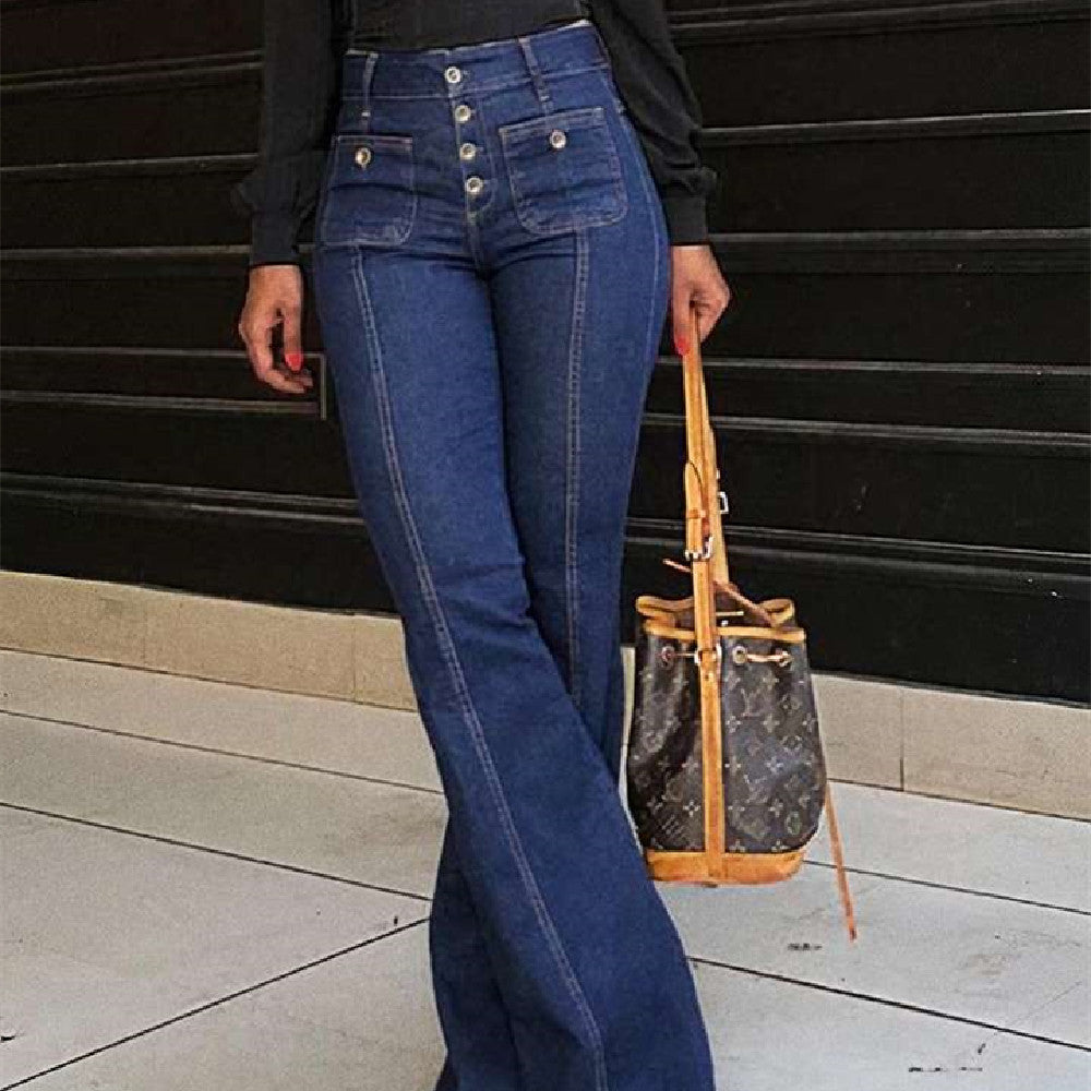 Stitching Washed Denim Stretch Slim Fit Bell-Bottom Pants