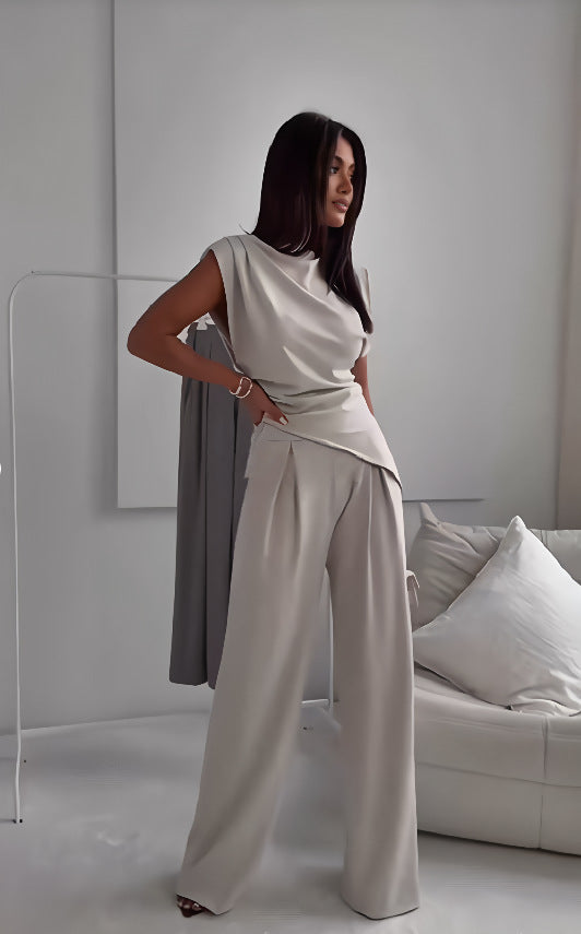 Asymmetric Sleeveless Top & Straight Pants Set - White