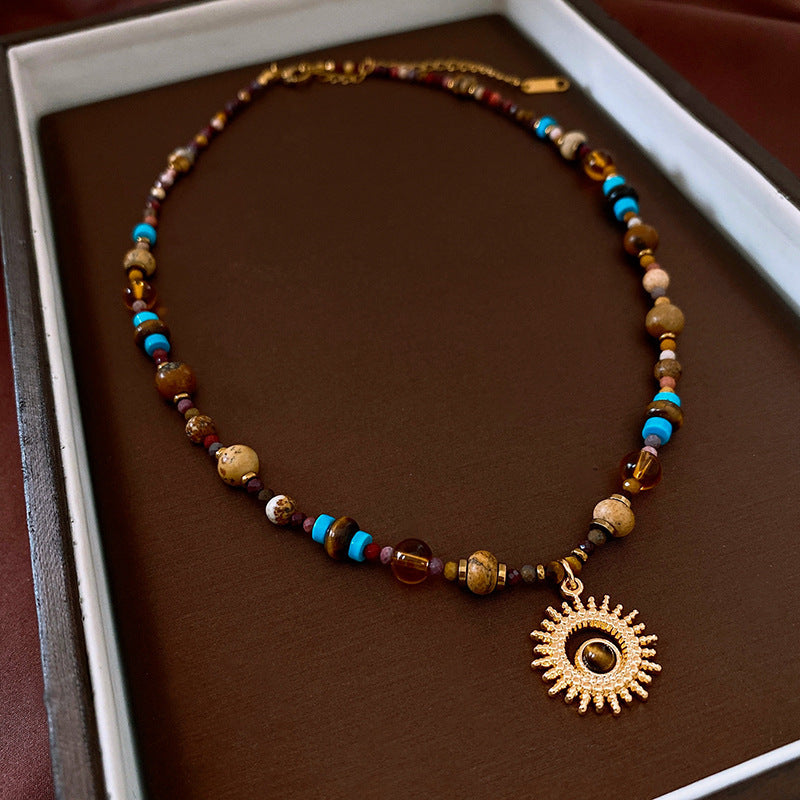 Boho Style Sun Pendant Stainless Steel Necklace