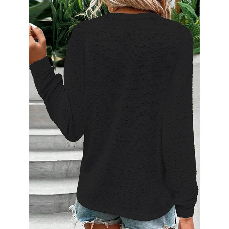 Long-Sleeve Button V-Neck Loose Fit Top - White - Black