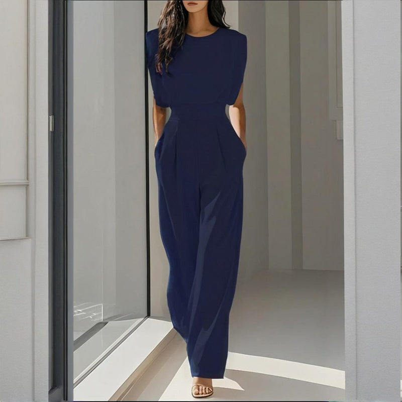 Round-Neck Short-Sleeve Jumpsuit - Blue