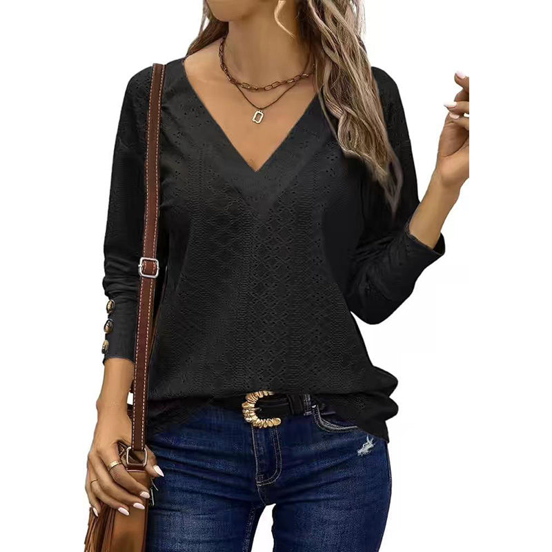 Boho Chic V-Neck Long Sleeve Lightweight Shirt - Black