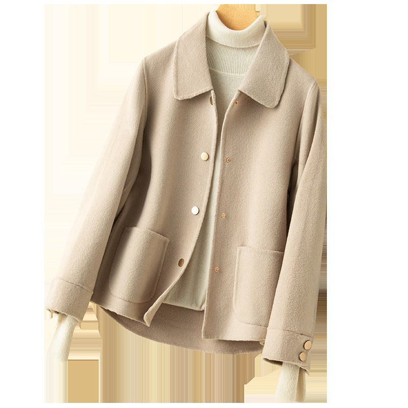 Mid-Length Button-Up Long Sleeve Camel Wool Coat