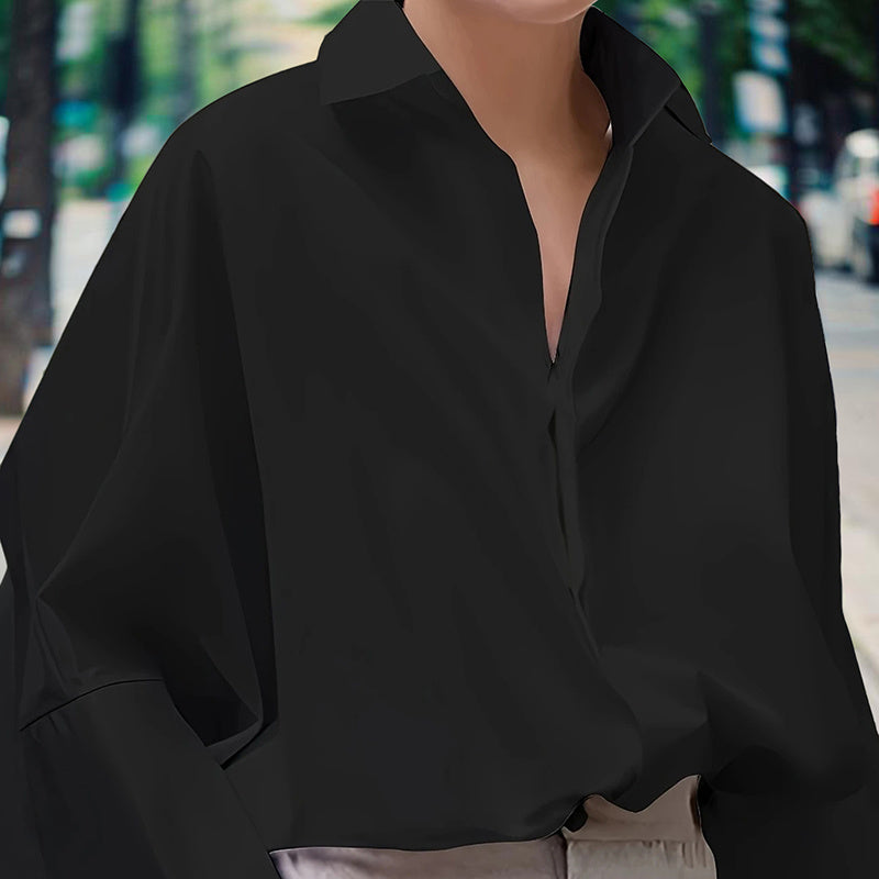 Elegant Button-Down V-Neck Blouse with Puff Sleeve - Black