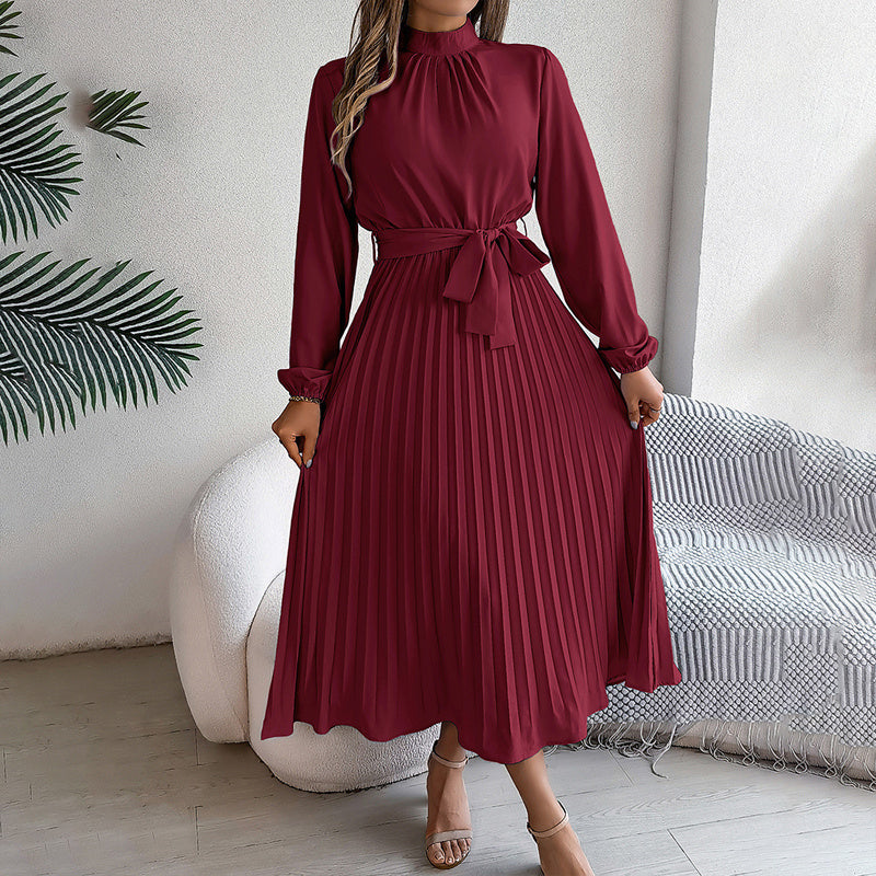Pleated High-Neck Long Sleeve Maxi Dress - Wine