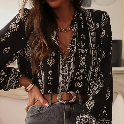 Vintage Boho Printed Blouse with Lantern Sleeves - Black