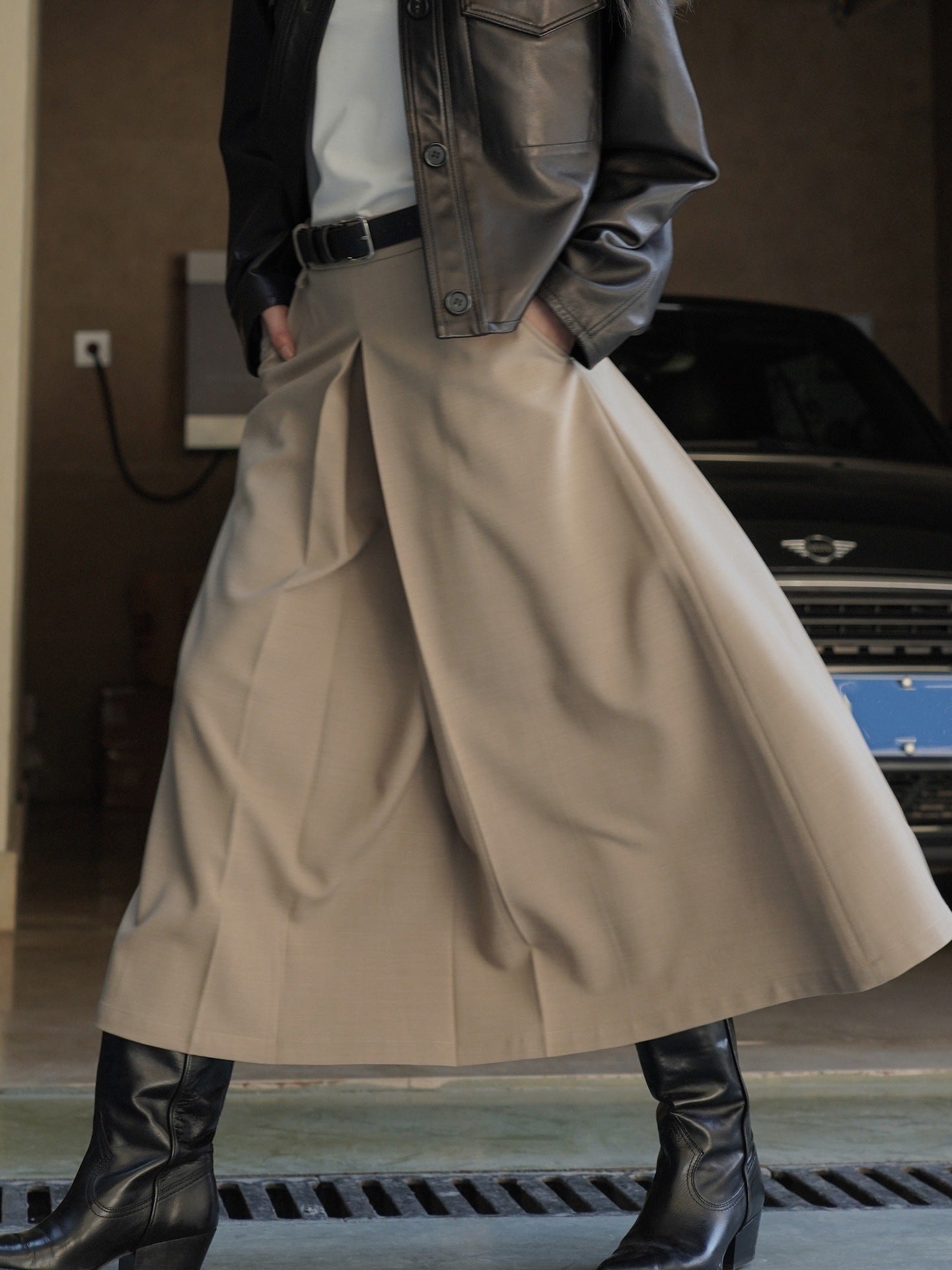 Retro A-Line Pleated Midi Skirt - Khaki