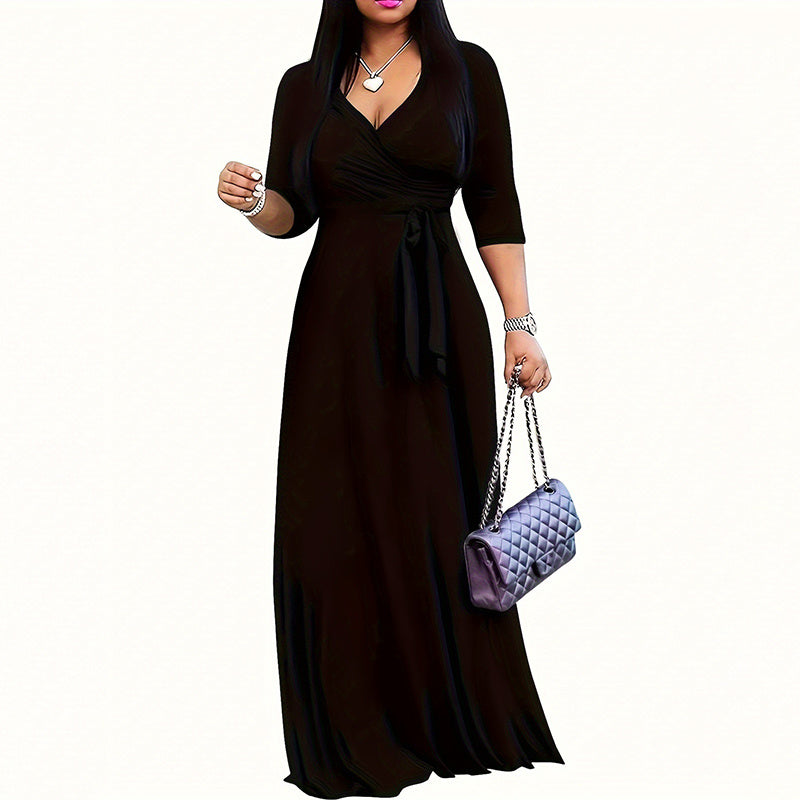 Mid-Sleeve Belted Maxi Dress - Black