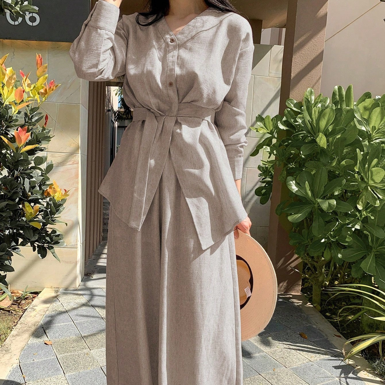 Loose-Fit Long-Sleeve Belted Shirt and Wide Leg Pants Set