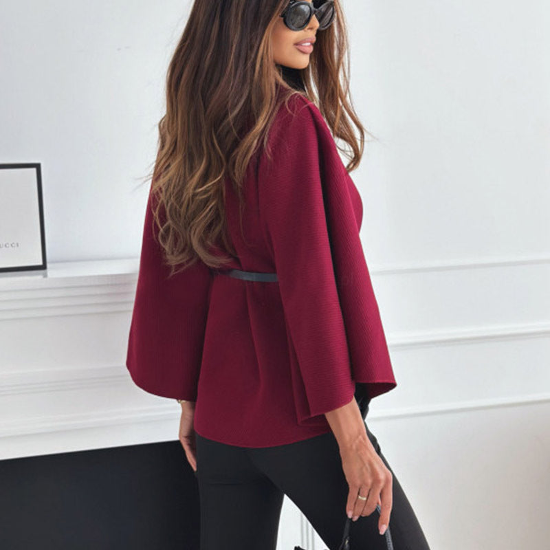 High-Neck Belted Wool Cape Coat - Wine