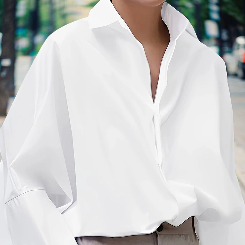 Elegant Button-Down V-Neck Blouse with Puff Sleeve - White