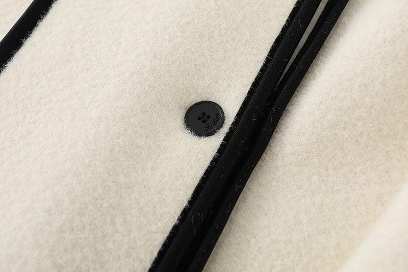 Double-Breasted Coat with Contrasting Trim and Stand-Up Collar