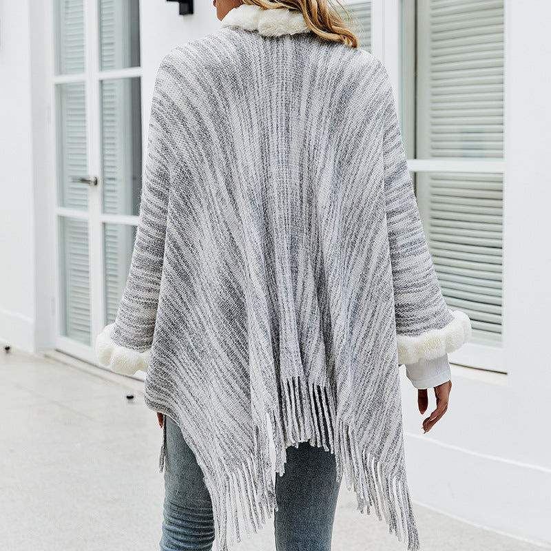 Striped Fringed Fur Collar Shawl