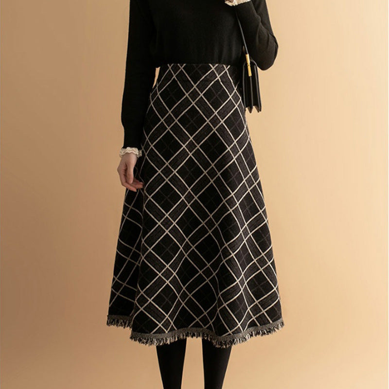 Midi Plaid Wool Skirt - Black