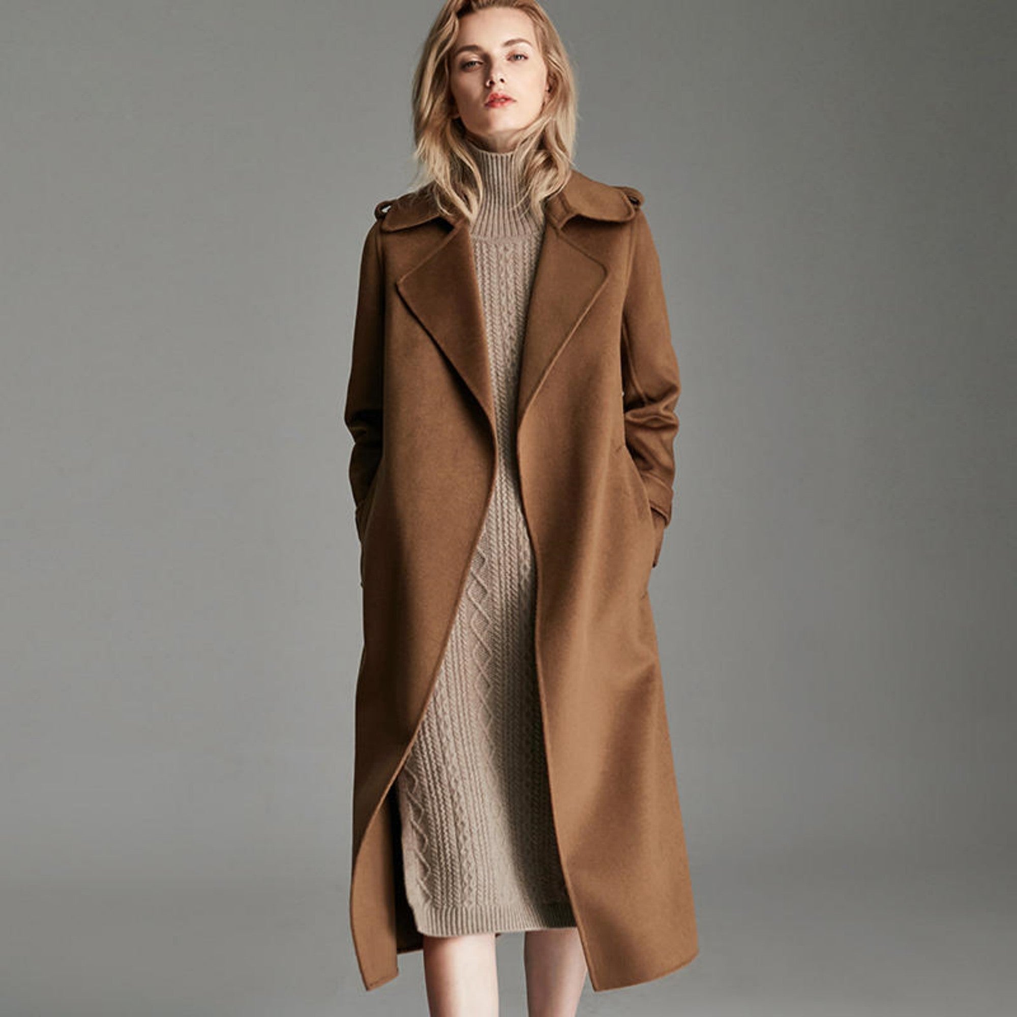 Knee-Length Belted Cashmere Blend Coat