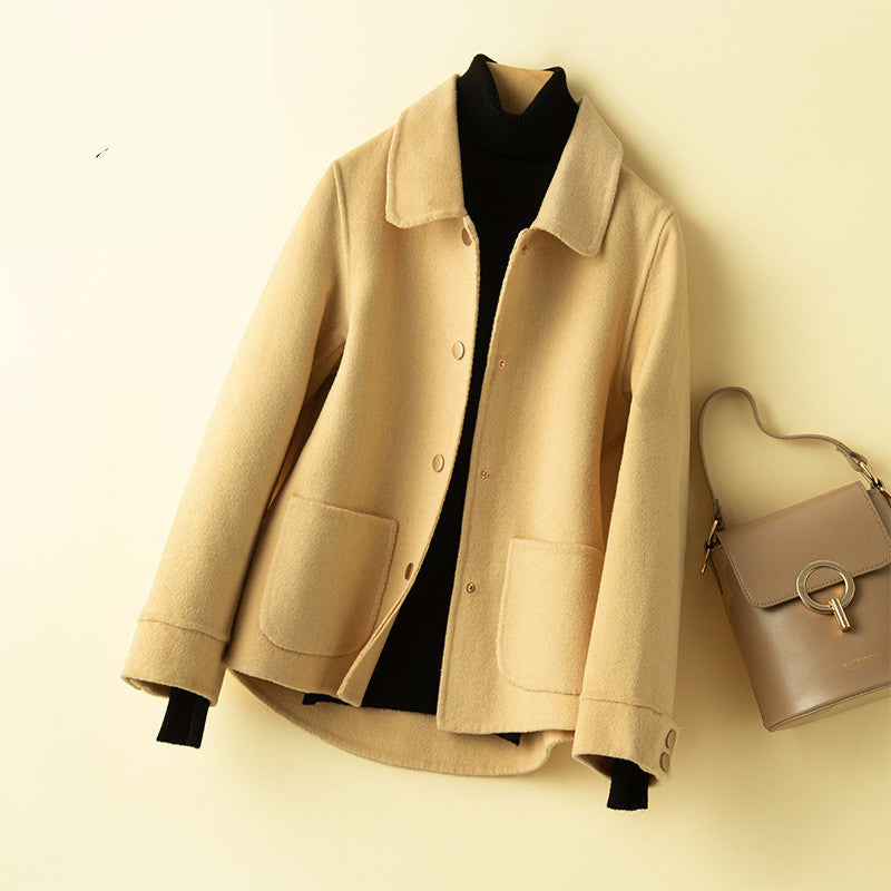 Mid-Length Button-Up Long Sleeve Camel Wool Coat