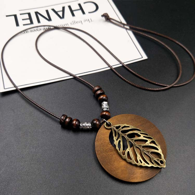 Vintage Cotton & Linen Ethnic Style Wooden Alloy Leaf Necklace