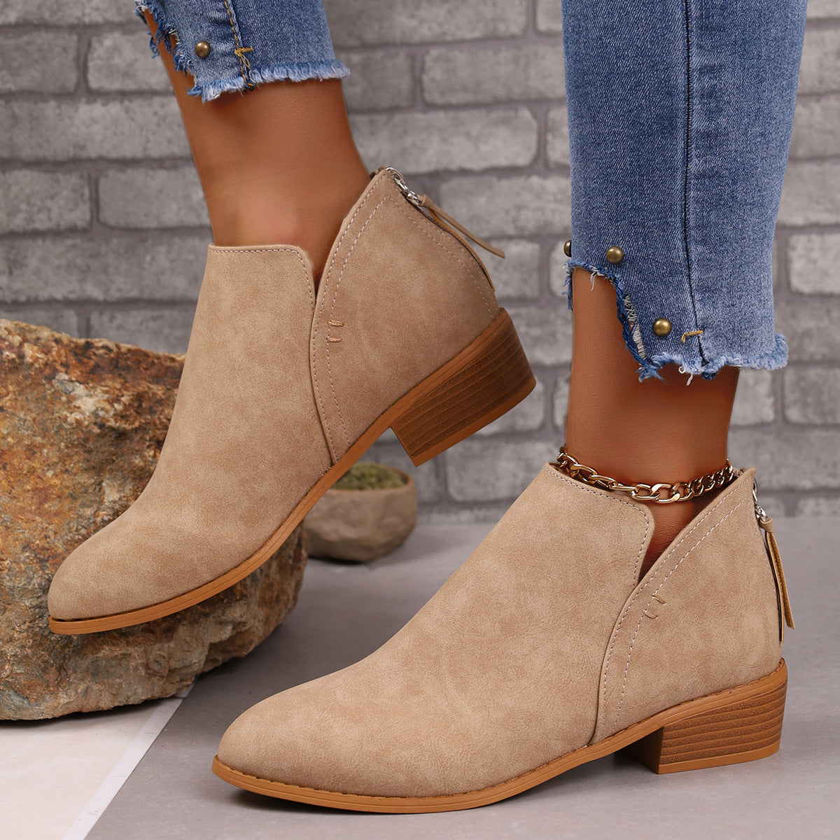 Chunky Heel V-Cut Suede Ankle Boots - Khaki