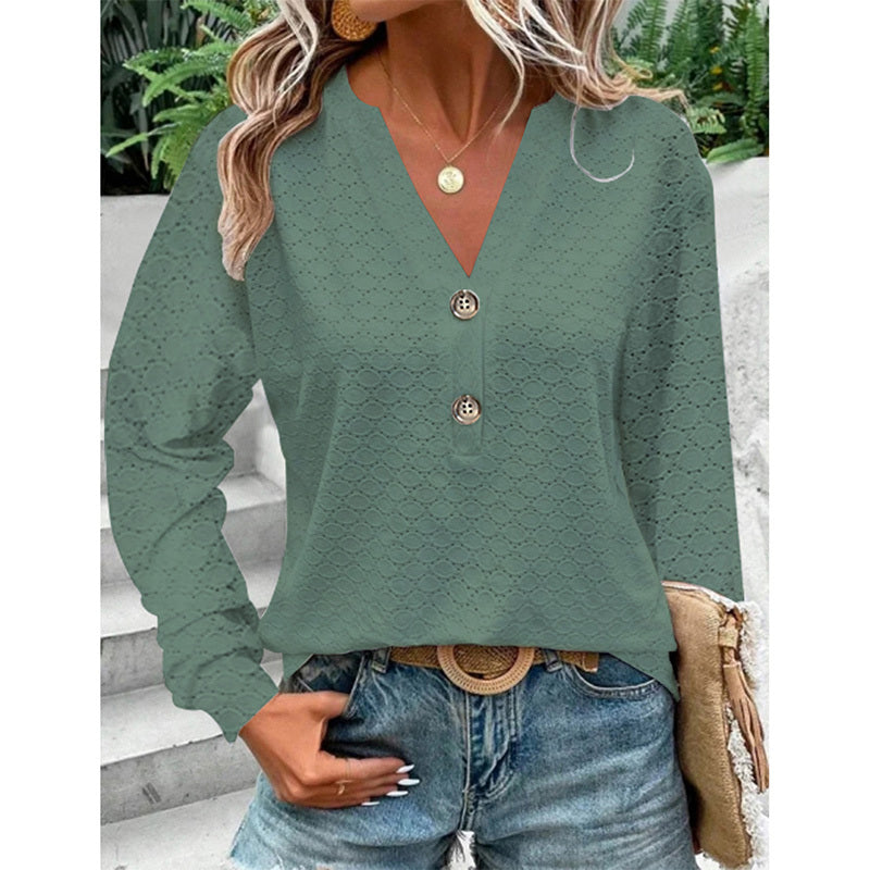 Long-Sleeve Button V-Neck Loose Fit Top - White