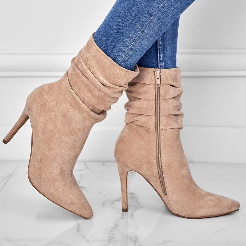 Slouchy Mid-Calf Suede Stiletto Boots - Apricot